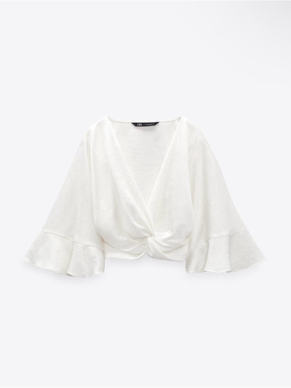 Zara White Knot-Front V-Neck Bell Sleeve Crop Top with Side Zipper NWOT. XL